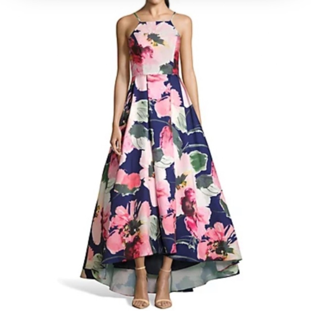 Floral Navy High-Low Prom Dress with Pink & Green Accents